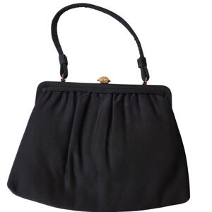 Vintage Ande Black Satin Evening Handbag Rhinestone Clasp Old Hollywood Formal